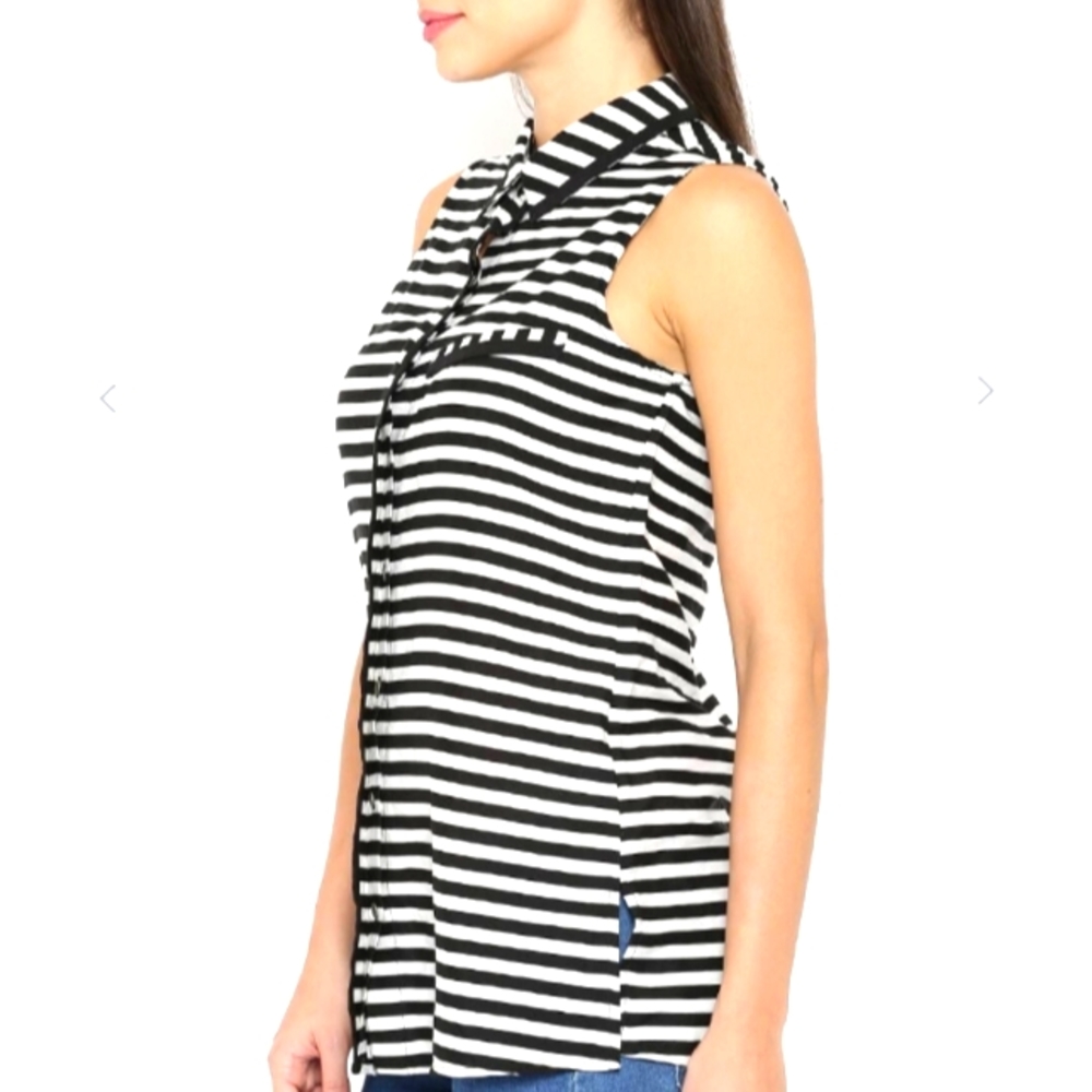 Black and white vertical stripe sheer transparent sleeveless top